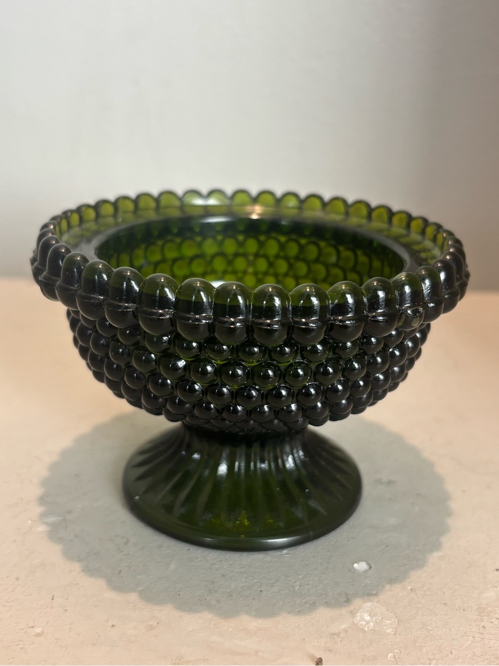 Vintage hobnail fairy lamp base green glass footed compote candy trinket dish